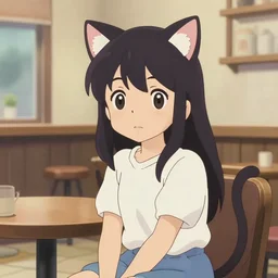 anime cute girl with cat ears and cat tail sitting in a cafe looking at camera, moescape, studio ghibli, digital art, clean lines, cartoon