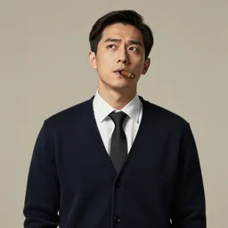 slightly demonic lawyer wearing a cardigan with cigar burnt down to lips absentmindedly staring into space, portrait by bo feng lin - n 4