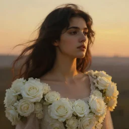 oil painting close up portrait of a contemplative young provencale woman with long dark flowing hair in a dress made of white roses!! at sunset, hazy, digital art, chiaroscuro, artstation, cinematic, golden hour, digital art painting by greg rutkowski, william - adolphe bouguereau, hazy atmosphere, cinematic lighting
