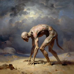 solitude of laborious hunchback Sand Deity, under surreal catastrophic sky, in the style of Frank Frazetta, Jeff Easley, Caravaggio, extremely clear and coherent, clear lines, 8K resolution