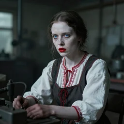 pale skin, red lips, blue eyes woman working in a factory. folk horror
