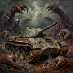 oil painting nightmare broken army tanks clawed chaos landscape fecund afraid of tank treads hooped around rustscape in primoridal slimes in mollusk skins, cinematic, ornate details, terror by francesco blanc 1 9 7 1, richard m powers
