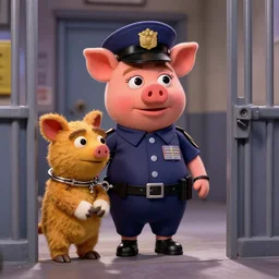 miss piggy as guard at a maximum security muppet prison. she is taking a handcuffed animal to solitary confinement + photorealistic - h 6 4 0