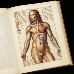 an open page of the voynich manuscript, depicting a digital painting of human anatomy by da vinci, paper texture, extremely detailed, professional, hand written notes, epic, full colors