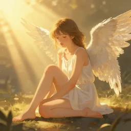 An angel girl, sitting, golden hour, crepuscular rays, digital art, illustration, trending on artstation