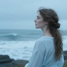 cinestill 5 0 d field of view of a dreamy beautiful pre - raphaelite woman whatcing at the horizon tempest environment in style of annie liebovitz - john watherhouse, elegant, highly detailed, pale blue matt, soft blur, artstation, sharp focus, head in focus