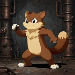 weasel bandit furry fursona animal character, mid - action pose on a painted elaborate industrial background by peder balke, chiaroscuro, fursona has [ a tail! ]