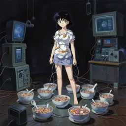 oil painting, yoji shinakawa, studio gainax, girl is wired to many cereal bowls in a dark room, many wires, electronics, dramatic lighting, full-body