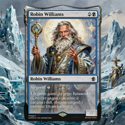 robin williams as a sorcerer, in the style of magic the gathering, glacier landscape, d & d, fantasy, intricate, elegant, highly detailed, digital painting, artstation, concept art, matte, sharp focus, illustration, art by artgerm and greg rutkowski and alphonse mucha