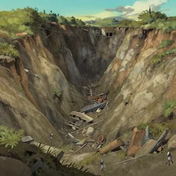 a stylized 2 d cinematic keyframe of a post - apocalyptic mining tailing, remains covered in nature, debris, abandoned, neutral tones, joy gaze, cel - shaded, classical animation, edge - to - edge print, rendered by studio ghibli, artgerm, alyssa monks, andreas rocha, david kassan, neil blevins, rule of thirds, golden ratio, ambient