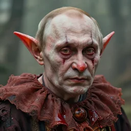 photorealistic portrait photograph of vladimir putin as an old pathetic goblinoid demon clown, kobold, upper body, fantasy, bloody, depth of field, soft focus, highly detailed, intricate, realistic, national geographic cover, soft glow, textured, artstation, sharp focus, illustration, art by artgerm and greg rutkowski and alphonse mucha