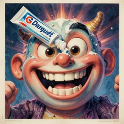Blast of liquid toothpaste covering the creature\'s face, big teeth smiling monster, toothpaste vintage advertisement poster printed CMYK ink coloured lithography