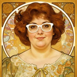 portrait of a curvy stocky romanian woman, brown hair, messy bob, brown eyes, romanian, laugh lines, full upper lip and thin lower lip, round face, round chin, round nose, white glasses, glasses, white reading glasses, librarian, wide shot, digital art, alphonse mucha, loish, art nouveau, 8 k, trending on artstation