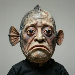photographic portrait of a wrinkly sad anglerfish puppet face, by max ernst and alfred pellan