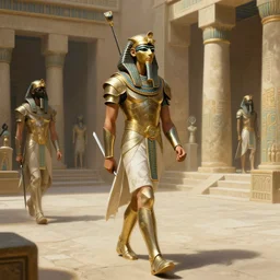 a fantasy concept artwork depicting an armored ancient egyptian palace guard walking through the egyptian courtyard by anders zorn, craig mullins and greg rutkowski, beautiful cinematic light