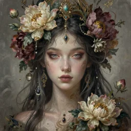 portrait of a floral goddess, enigmatic beauty, esoteric, muted colors, head in focus, high fantasy art, otnamental floral aesthetics, intricate details, elegant, highly detailed, hyperrealistic painting, artstation, concept art, painterly, sharp focus, illustration, art by emilia elfe and ives freya