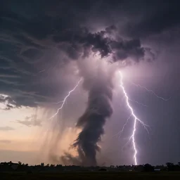 a photograph of a tornado, thunderstorm, lightning bolts, illuminated from various angles by the setting sun, cinematic, dramatic lighting, mystic hue