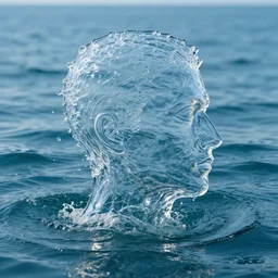 water artwork manipulation in the shape of a human head, on the ocean water, ray tracing, realistic water sharp focus, long shot, 8 k resolution, cinematic, amazing water art, photoshop