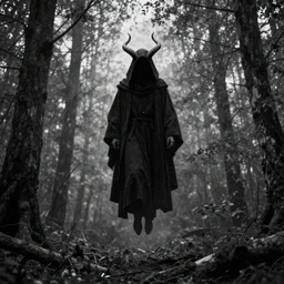 a dark cloaked figure with horns floating in the forest, digital art, grainy, 8k, grayscale, Carl Gustav Carus