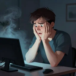 a sad man holding his face, shocked, looking at his computer going up in smoke, digital art by artgerm