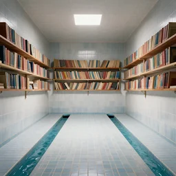 empty hall covered with pool tiles. Shelves filled with books are hanging on the walls. Water canals run across the floor. Trending on artstation, photorealistic, surreal