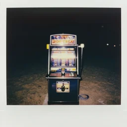 a slot machine in the middle of a desert at night, liminal space, old polaroid, expired film, slightly blurry,