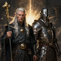 a portrait of an elven wizard next to a dwarf paladin, grimdark extremely detailed fantasy art by Gerald Brom, octane render