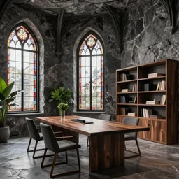 luxurious neo - gothic themed office interior, anthracite natural stone walls, stained glass windows, multiple desks, meeting table, walnut wood, elegant, book shelfs, modernism, chique, minimalism, plants, 8 k