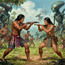 old photo of native filipinos fighting off aliens, detailed intricate illustration, detailed illustration, hd, 4 k, digital art, overdetailed art, complementing colors, trending on artstation, deviantart