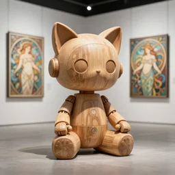3d,8k octane rendre photorealistic detailed unreal engine ,a wooden sculpture art toys on feet very cute robot with cat ears ,zen méditation , a contemporary art gallery art  , cyberpunk, synthwave ,cgsociety ,by Alphonse Mucha