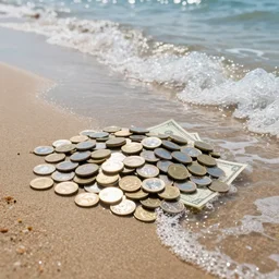 a Sea made of shiny coins and dollars, waves of coins washing at the beach, 4k, high resolution, beatiful landscale