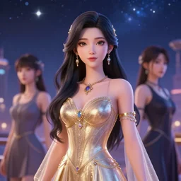 masterpiece portrait charming female astromancer lifestyle accessories in dreamlike cg animation, kpop, luxry dress, high detailed face, animated, art by artgerm, greg rutkowski, macoto takahashi, major starry sky and city in background, character select portrait, 3 d, fantasy, no distorsion, medium long shot, realistic