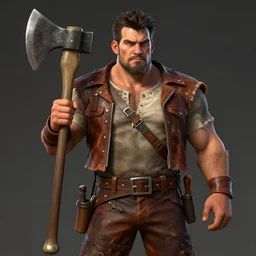 portrait, 50 years old man :: small, stocky build :: dark, short hair and a whisker :: dressed leather lumberjack costume :: lumberjack axe :: high detail, digital art, fantasy, RPG, concept art, illustration