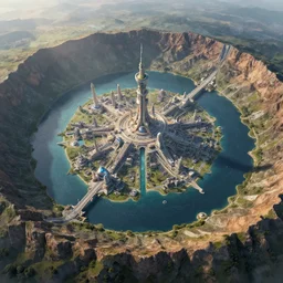 a highly detailed matte painting of large island in the center of a meteor crater lake with a futuristic fantasy city with a river running through it, aerial photography, ultrawide lens, art by john collier and albert aublet and krenz cushart and artem demura and alphonse mucha, volumetric lighting, octane render, 4 k resolution, trending on artstation, masterpiece