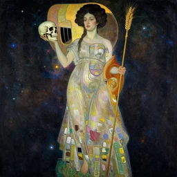 masterpiece full body of a goddess in the cosmos with a human skull in one hand and a staff of wheat in the other, by Edgar Maxence and Ross Tran and Michael Whelan and Gustav Klimpt