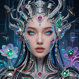 very beautiful woman integrating with technology, full face frontal centered, portrait, insipiring, detailed intricate ornate cables connected to head, big open electric eyes, luxurious detailed abundent wiring and implants, diamonds, ruby, sci - fi,!! neon, emeralds, detailed technology background with cyber flowers and insects, highly detailed, artstation, 8 k, by lalique, rene