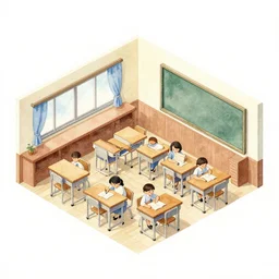 isometric view of a classroom, watercolor