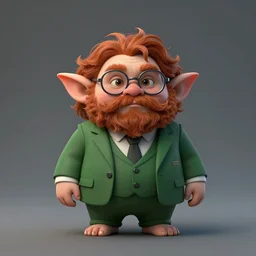 portrait of a fat little goblin with red hair and beard in a green business screen suit wearing glasses, wide angle shot, diffuse lighting, fantasy, intricate, elegant, highly detailed, lifelike, photorealistic, digital painting, illustration, concept art, smooth, sharp focus, a 2 4! film cinematography, unreal engine, cinematic, hyper realism, high detail, octane render, 8 k,