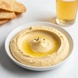 a hummus plate with beer, food photography