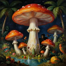 a close - up portrait of a tropical cosmic alien mushroom king surrounded by water, colorful fruit, palm trees. surrealism. night background. highly detailed science - fiction fantasy painting by norman rockwell, moebius, frank frazetta, syd mead, and stanislaw fernandes. rich colors, high contrast. renaissance masterpiece. artstation