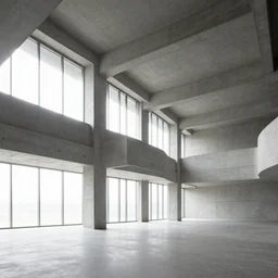 a photo of a brutalist interior with high ceilings and big windows