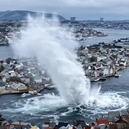 tsunami hits trondheim, real historical event caught on camera, dramatic, hdr, hdd, clear image,