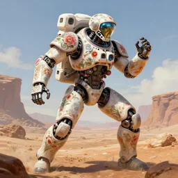 a warrior robot astronaut, floral! looks like a machine from horizon zero dawn designed by apple, in socotra island, posing for a fight, intricate, elegant, highly detailed, digital painting, establishing shot, an epic fantasy, artstation, smooth, sharp focus, illustration, art by artgerm and greg rutkowski, and alphonse mucha 8 k