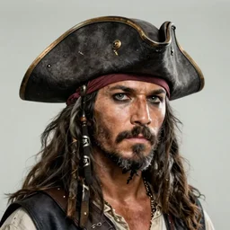 personage portrait of a pirate in a pirate hat, tanned, with a gray beard, concept art, realistic, intricate, 4 k resolution