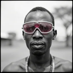 an analogue photo of an Tribal Igbo man wearing a cyclops ruby-quartz visor, national geographic, black & white, 35mm, f/1.4,