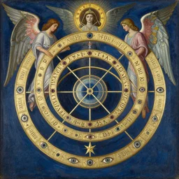 night of the ophanim is a painting featuring the angel's heavenly interlocking gemma's astronomical equinoctal sundial rings concentric wheels engraved with eyes