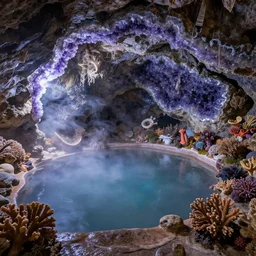 photo inside an amethyst cave with a hot spring and coral reef