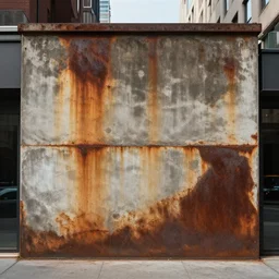 hyperrealistic rendering on very beautiful old wall on the street in big city, front view, rust texture, concrete texture, glass texture, dirt texture, professional foto, 3 5 mm, cinematic lighting