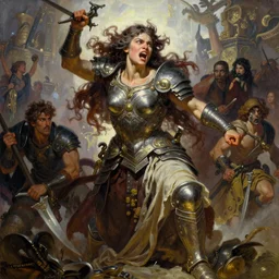 An oil painting of the goddess of anger, very aesthetic, detailed face, by Frank Frazetta, Greg Rutkowski, Boris Vallejo, Neal Hanson, Christian MacNevin, epic fantasy character art, goddess of war, detailed armor, high fantasy, full length, exquisite detail, post-processing, low angle, masterpiece, cinematic, arena background