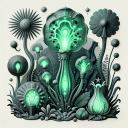 hyper - detailed matte illustration of bioluminescent botany by iris van herpen based on plate 6 1 of art forms in nature by ernst haeckel and zaha hadid